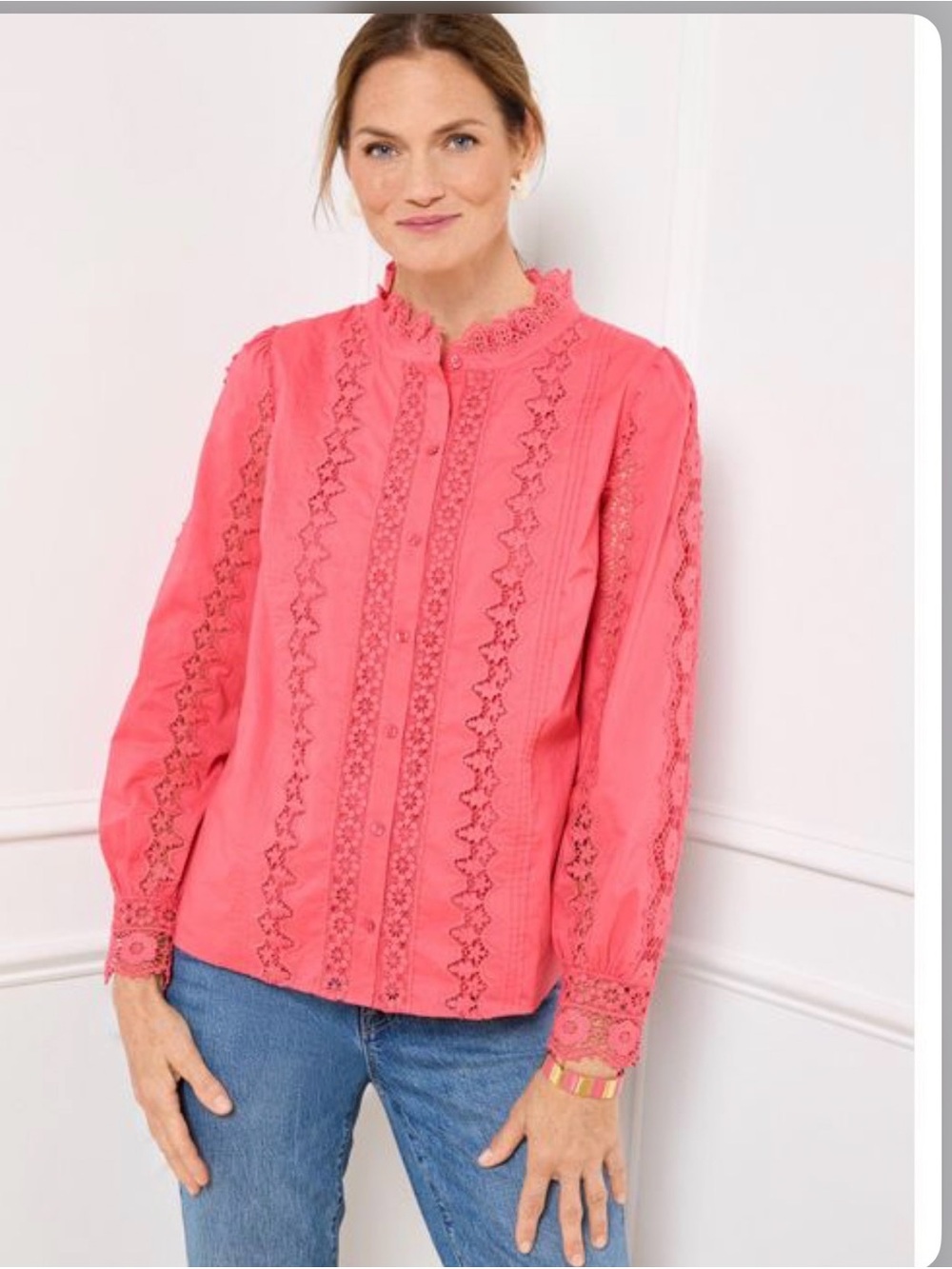 Talbots Pink Lace Trim Victorian-Inspired Cotton Blouse Medium Cottagecore